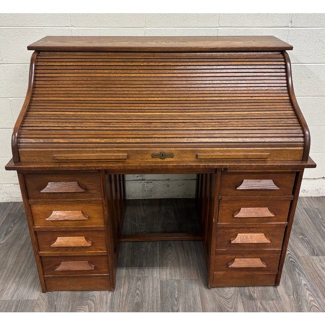 Antique American Mission Arts and Crafts Quarter Sawn White Oak Roll Top Desk For Sale - Image 4 of 14