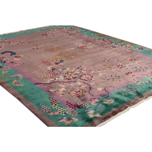 Textile Antique Chinese Art Deco Rug - Plum & Jade Green Floral Wool 9x12 For Sale - Image 7 of 12