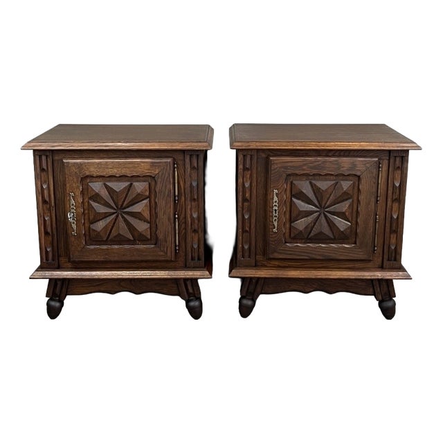 Early 20th Century Carved Wooden Bedside Tables, Set of 2 For Sale