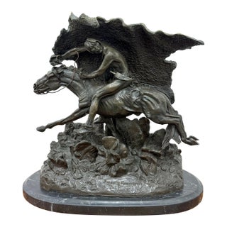 Vintage Large Scale Patinated Bronze Frederic Remington Sculpture on Marble Plinth For Sale