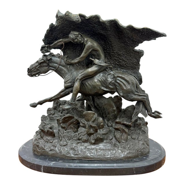 Vintage Large Scale Patinated Bronze Frederic Remington Sculpture on Marble Plinth For Sale