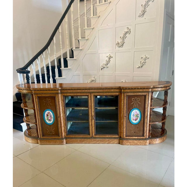 Magnificent exhibition quality extra large satinwood inlaid and ormolu mounted credenza/sideboard having a quality...