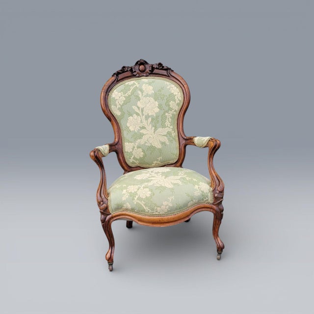 19th Century American Carved Rosewood Living Room Arm Chairs Newly Upholstered For Sale - Image 11 of 18
