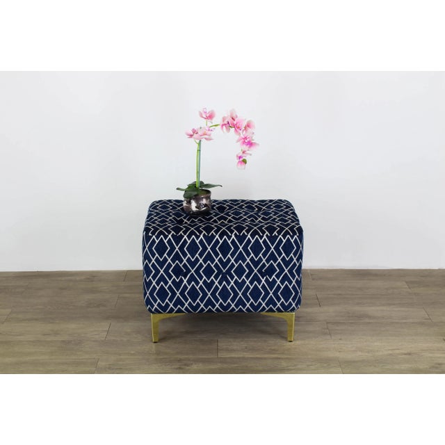 Mid-Century Modern Blue & Cream Geometric Ottomans on Metal Legs - a Pair For Sale - Image 3 of 9