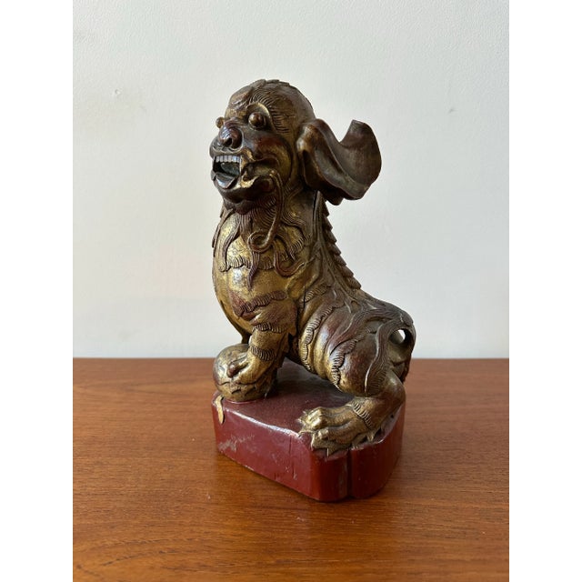 Chinese antique red giltwood foo dog dragon figure, decorative antique object