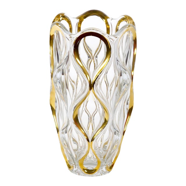 Mid Century Modern Italian Cut Glass/Gold Decorated Vase For Sale