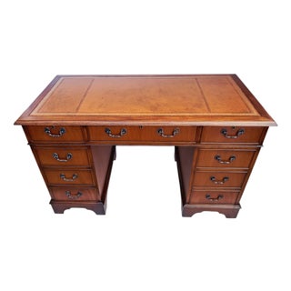 Antique Twin Pedestal Desk in Mahogany with Leather Top, 1980s For Sale