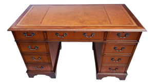 Antique Twin Pedestal Desk in Mahogany with Leather Top, 1980s