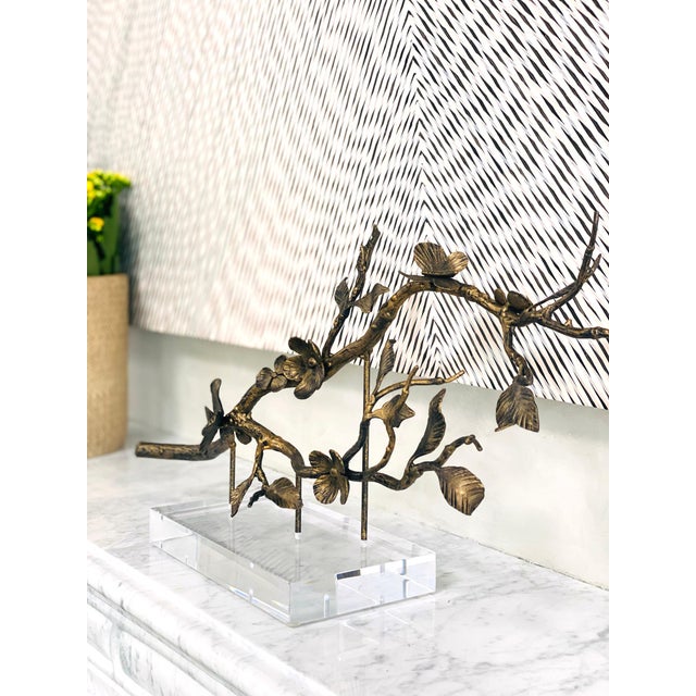 Metal Leaf & Blossom Vine Sculpture Mounted on Finished Acrylic For Sale - Image 7 of 8