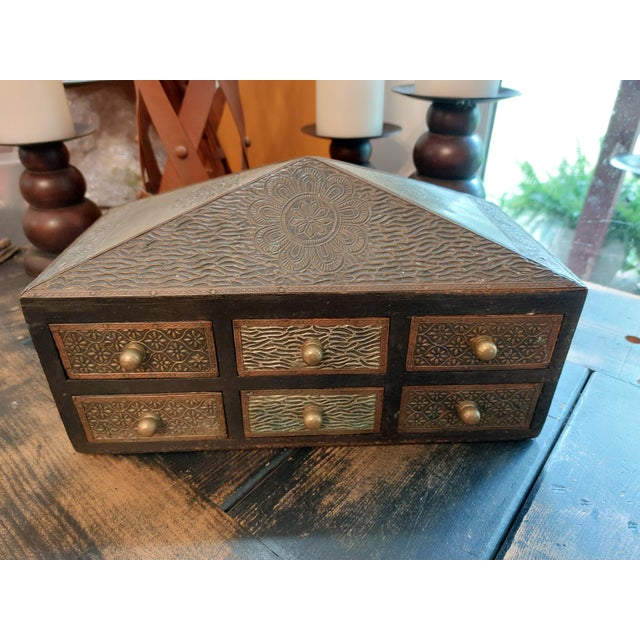 Coffee Vintage Elegant Indian 6-Drawer Stamped Metal & Wood Jewelry Trinket Chest For Sale - Image 8 of 13