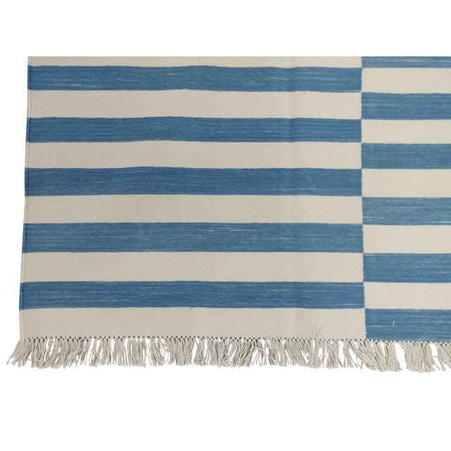 Handmade Cotton Striped Rug, Stone Washed Blue and White Dhurrie - 9'x12' For Sale - Image 6 of 6