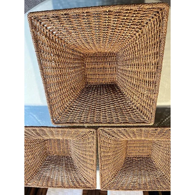 Brown Set of 3 Square Vintage Natural Woven Seagrass Baskets For Sale - Image 8 of 12