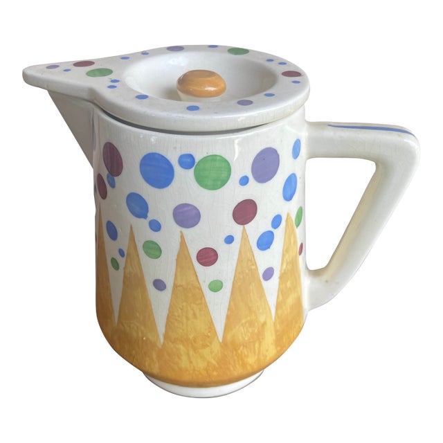 1930s Art Deco German Ceramic Mustard Domino Pattern Pitcher & Lid For Sale