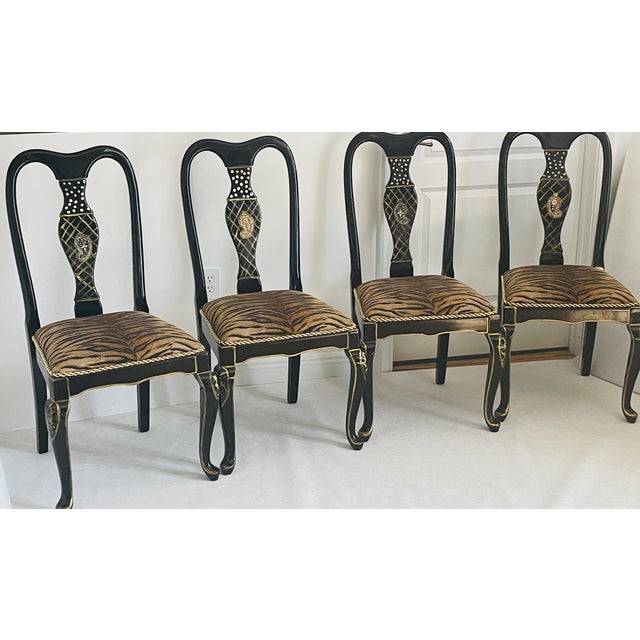 Gorgeous Mackenzie Childs Style 4 Chairs Black Lacquer TigerBrocade For Sale - Image 4 of 11