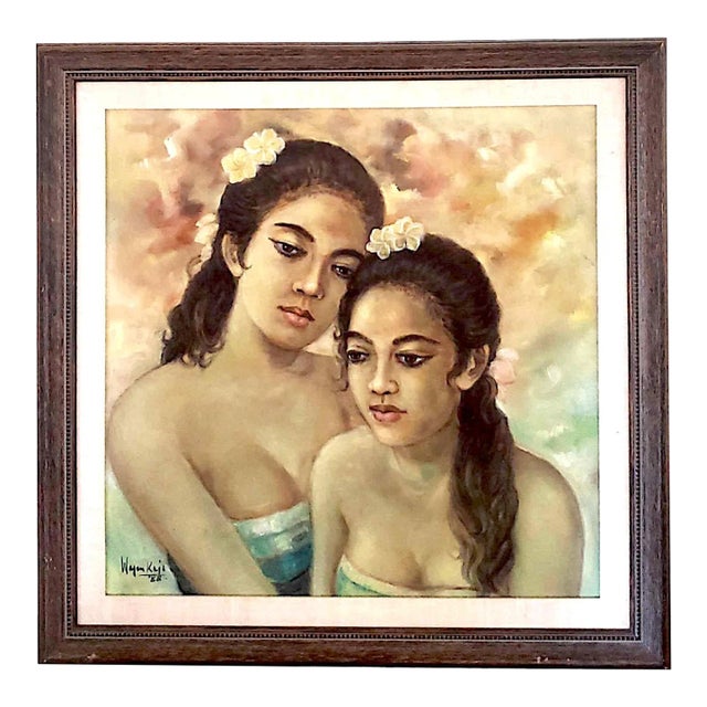 Island Girls, Portrait 1988 Signed Oil Painting Linen and Wood Frame For Sale