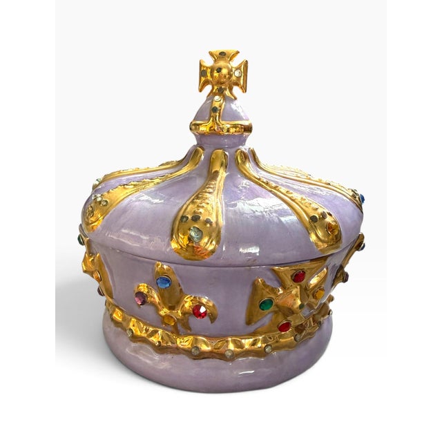 1970s Vintage 1972 Purple & Gold Jeweled Crown Lidded Ceramic Jar For Sale - Image 5 of 8