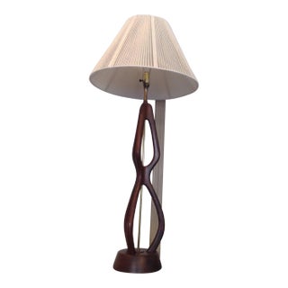 Mid Century Modern Oversize Sculpted Walnut Table Lamp With String Shade 60s For Sale