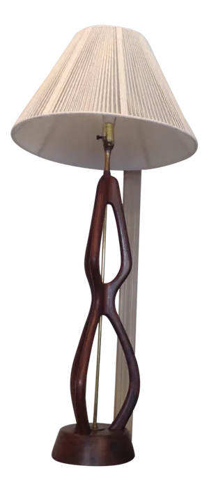 Mid Century Modern Oversize Sculpted Walnut Table Lamp With String Shade 60s