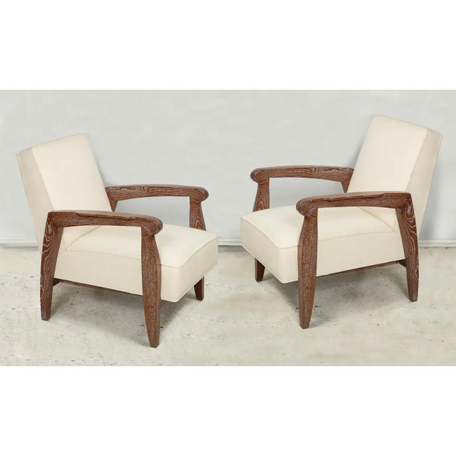 Bespoke Pair of Cerused Oak Alain Lounge Chairs in the French 40s manner. Set of 2. These chairs are made to order. It...