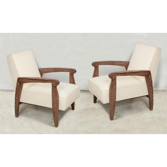 Bespoke Pair of Cerused Oak Alain Lounge Chairs in the French 40s manner. Set of 2. These chairs are made to order. It...