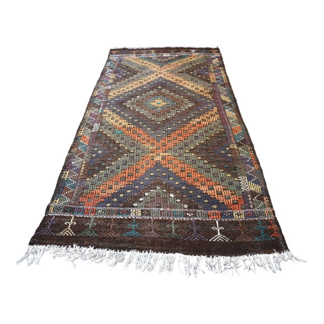 1960s Handmade Geometric Turkish Kilim Rug For Sale