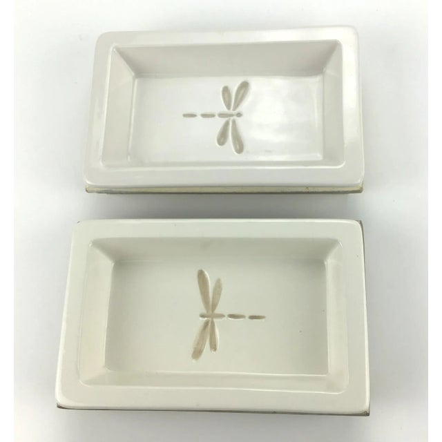 1990s Ceramic & Wood Dragonfly Design Trinket Holders a Pair For Sale - Image 5 of 8