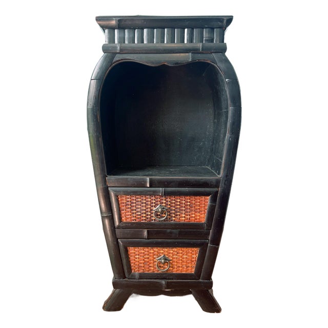 Vintage Ebonized Black Bamboo & Woven Rattan Two-Drawer Cabinet – Chinoiserie / British Colonial For Sale
