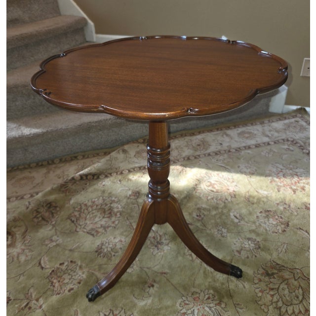 English Mid 20th Century Pie Crust Tilt Top Table With Turned Tripod Base Brass Claw Feet For Sale - Image 3 of 13