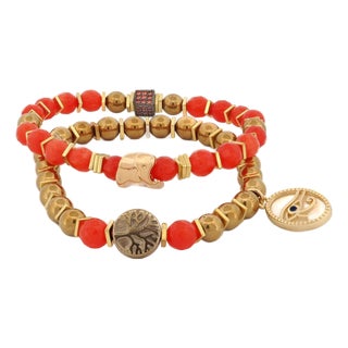 Carnelian Stone Beaded Ra & Elephant Charm Bracelet Set For Sale