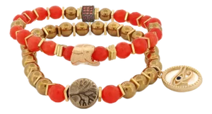 Carnelian Stone Beaded Ra & Elephant Charm Bracelet Set