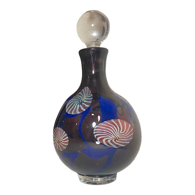 Signed 1983 Vintage Hand Blow Art Studio Glass Blue Purple Decanter Bottle For Sale