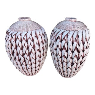 Pair of 2 Woven Palm/Rattan Urn Shape Basket Vase's For Sale