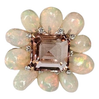 Set in 18k Gold, 9.87 Carats Tourmaline, Ethiopian Opal & Diamonds Cocktail Ring, Size 6 For Sale