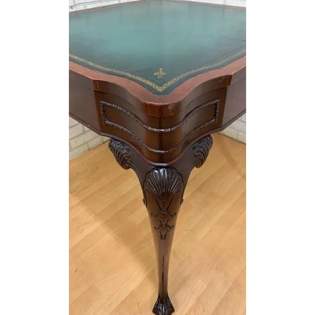Vintage Chippendale Style Carved Mahogany Single Drawer Leather Top Game Table For Sale - Image 9 of 9