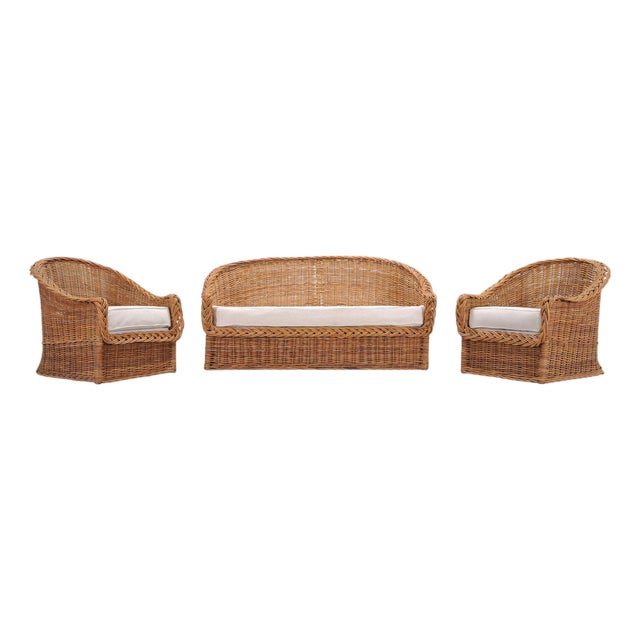 Suite of Michael Taylor Style Rattan Wicker Chairs and Sofa For Sale