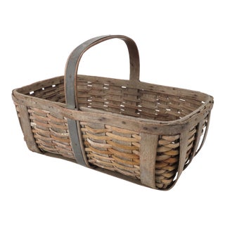 Antique American Hand Woven Reed & Oak Splint Carry Basket For Sale