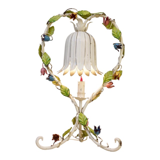 1960s Italian Enamel Tole Heart Blossom Swag Pendant Sculpture Table Lamp For Sale