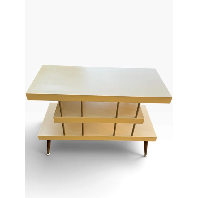 Vintage Mid-Century Modern Three-Tier Tangerine Console Table With Walnut and Gold Accents For Sale - Image 4 of 10