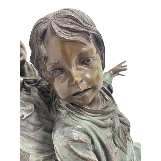 1980s 1980s Monumental Signed Bronze Figurative Sculpture of Children by J. Davidson on Marble & Rosewood Pedestal For Sale - Image 5 of 15