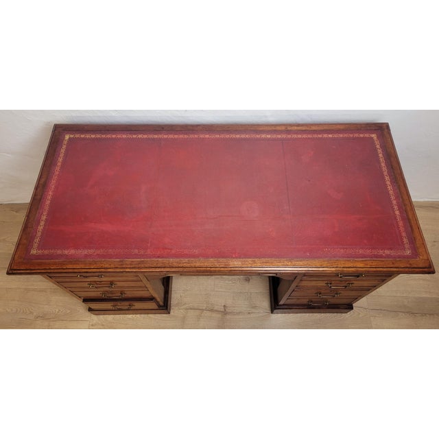 Brown Antique Edwardian Knee Hole Writing Desk with Red Leather Top, 1910s For Sale - Image 8 of 18