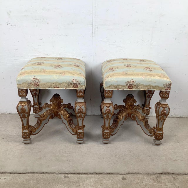 Late 20th Century Pair of Vintage Louis XVI–Style Upholstered Footstools With Gilt Carved Bases For Sale - Image 5 of 12
