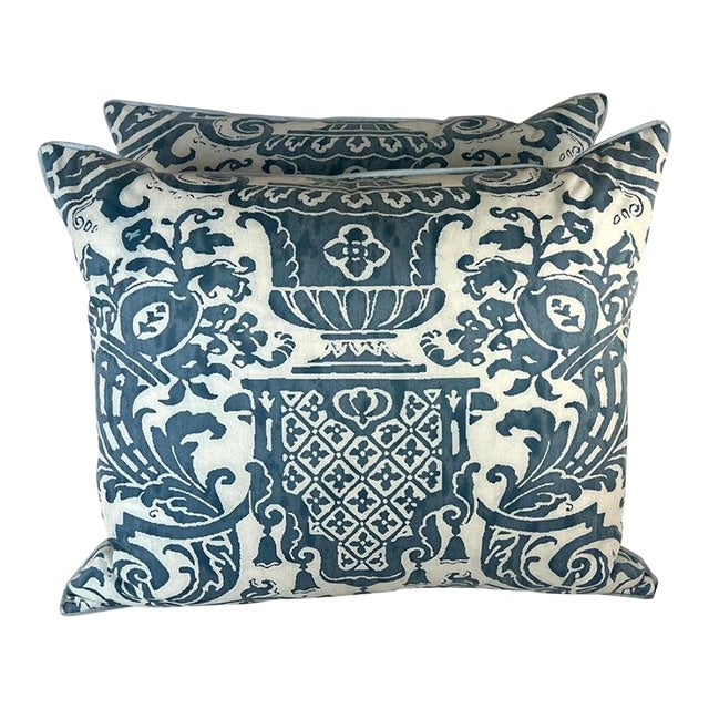 Custom Fortuny Pillows in Carnavalet Pattern, Blue & White For Sale