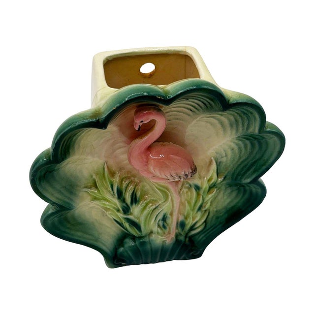 Mid-Century Modern 1950s Rare Japanese Mid-Century Tropical Calm Shell Flamingo Flower Wall Planter For Sale - Image 3 of 7