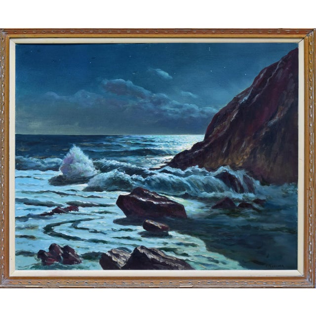 Large, mid century seascape nocturne of waves crashing and swirling around a rocky coastline by Frank Ferruzza...