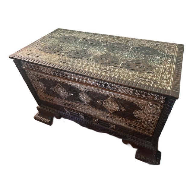 Vintage Mother-of-Pearl Inlay Carved Wood Chest For Sale