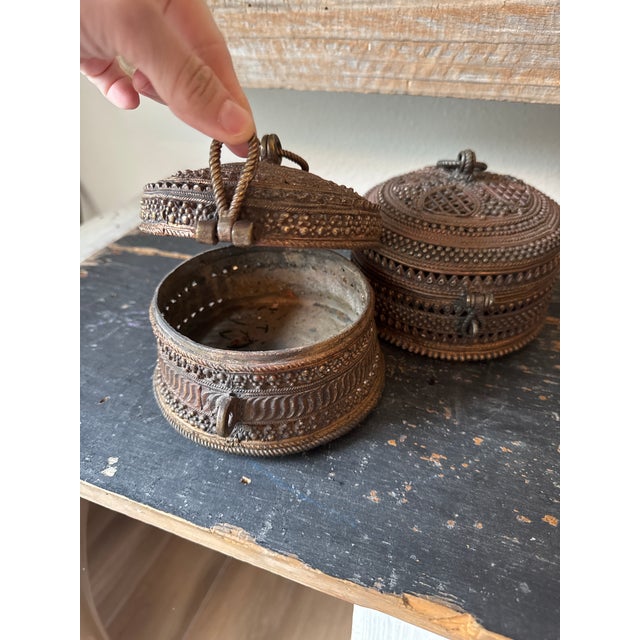 Pair of Vintage Handcrafted Brass Lidded Boxes With Ornate South Asian Metalwork For Sale - Image 4 of 8