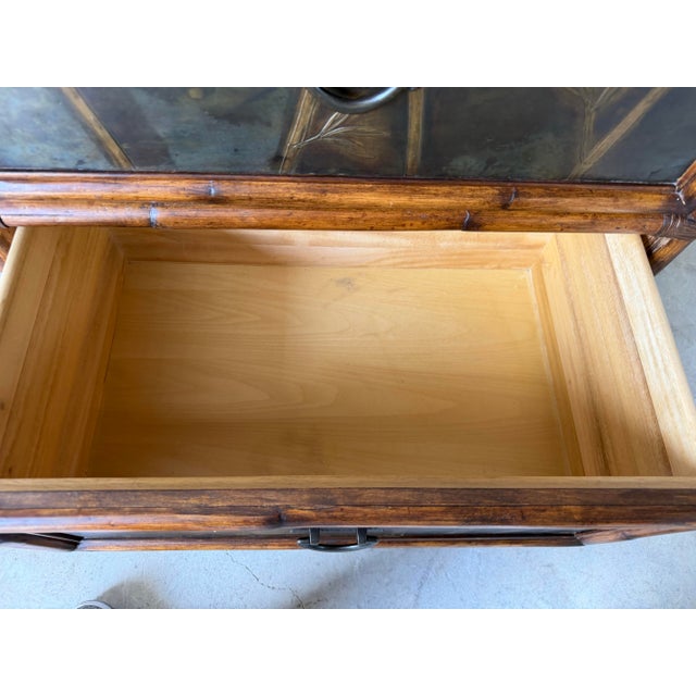 Wood Vintage Chinese Faux Bamboo Two-Drawer Nightstand With Bronze Bamboo Relief Panels For Sale - Image 7 of 12