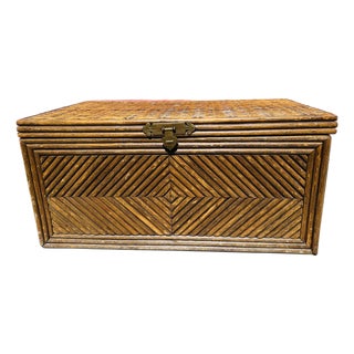 Vintage Pencil Reed/Bamboo Diamond Pattern Wood Storage Trunk For Sale