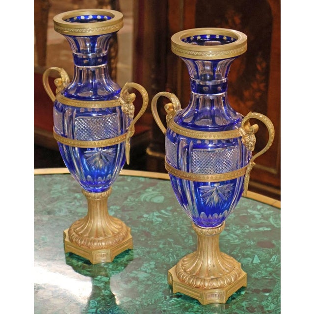 Pair of Late 19th Century Neoclassical Russian Bronze & Cut Cobalt Glass Vases For Sale - Image 11 of 17