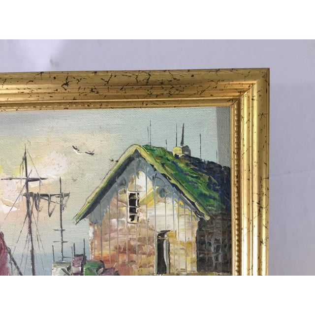 1990s 1990s New England Wharf Scene Oil Painting on Board, Framed For Sale - Image 5 of 8